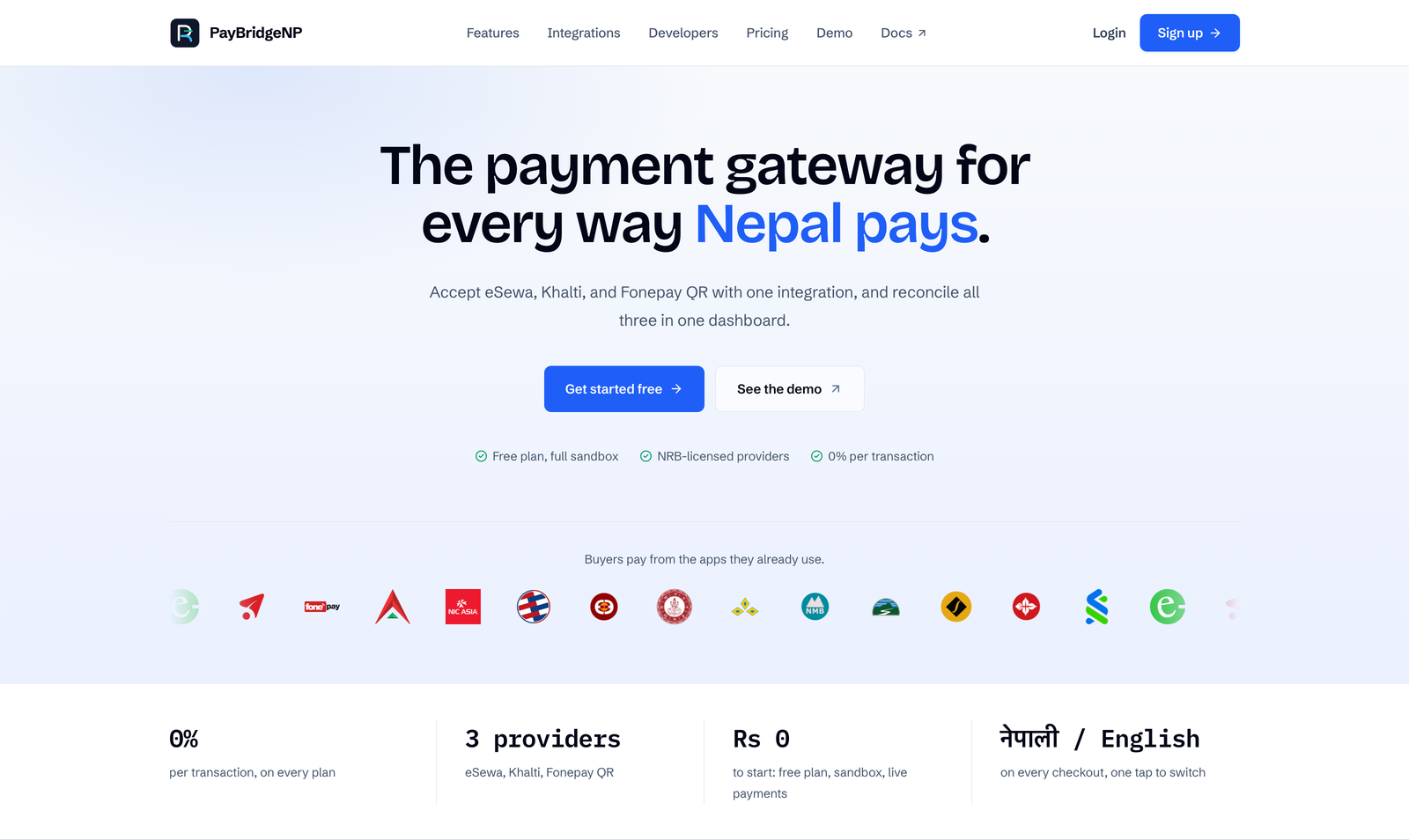PayBridgeNP homepage: the payment gateway for every way Nepal pays, with the wallets and banks buyers pay from